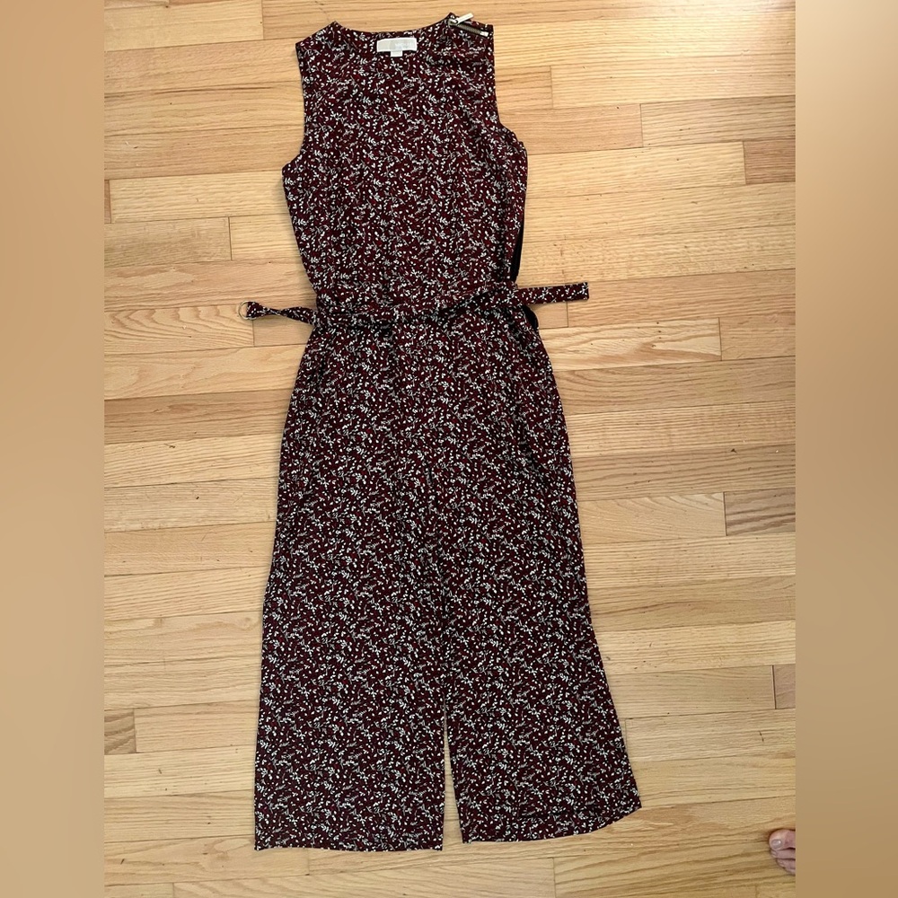 Michael Kors Maroon Floral Cropped Wide Leg Belted Jumpsuit Size 2